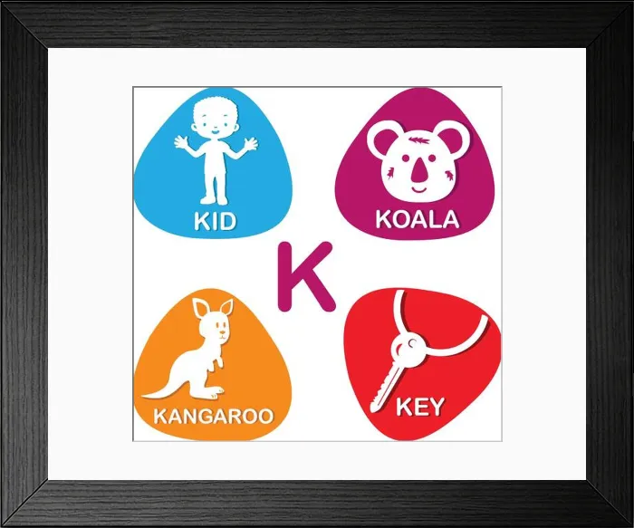 Framed Print : Cute alphabet in vector. K letter for kid, koala, kangaroo and key Framed Print : Cute alphabet in vector. K letter for kid, koala, kangaroo and key