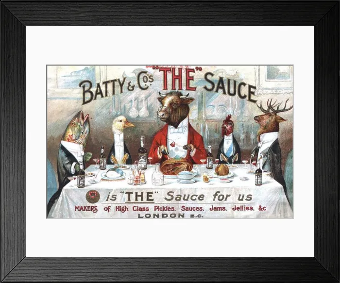 Framed Print : Animals sitting around a dining table using Batty's 'The Sauce' Victorian Advertising c1800, Chromolithograph Framed Print : Animals sitting around a dining table using Batty's 'The Sauce' Victorian Advertising c1800, Chromolithograph