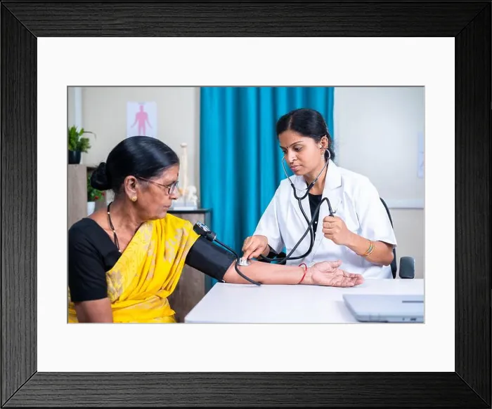 Framed Print : Doctor checking blood pressure or bp of senior woman patient at hospital - concept of health care Framed Print : Doctor checking blood pressure or bp of senior woman patient at hospital - concept of health care