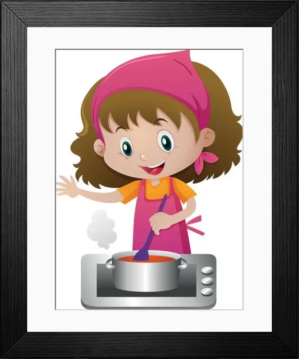 Framed Print : Girl cooking soup on the stove illustration Framed Print : Girl cooking soup on the stove illustration