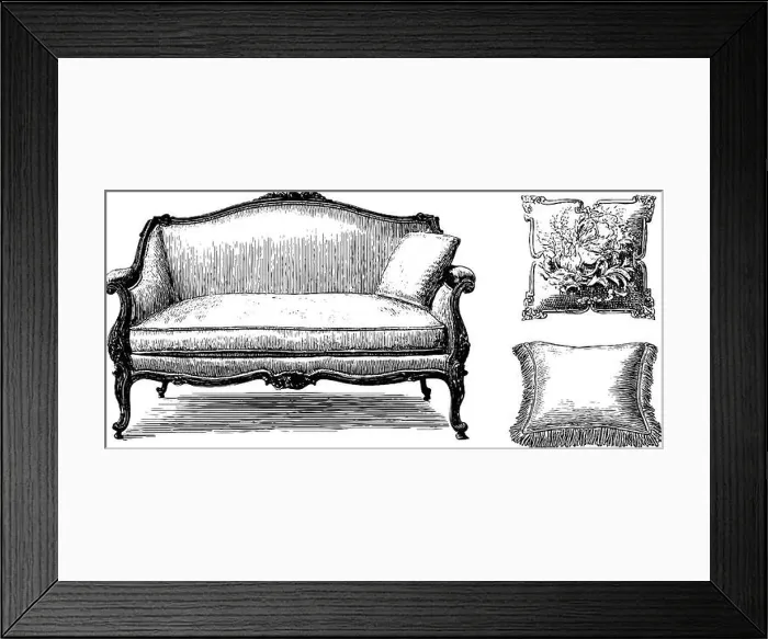 Framed Print : Vintage french settee and decorative cushions engraved illustration for antique furniture design Framed Print : Vintage french settee and decorative cushions engraved illustration for antique furniture design