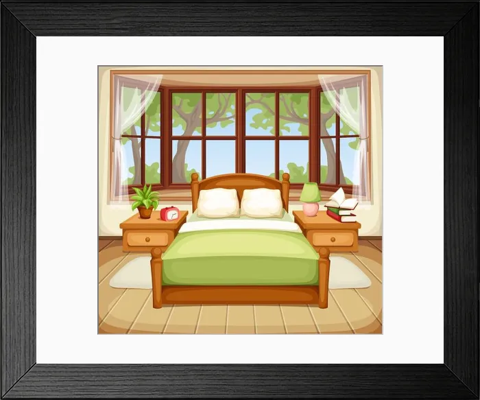 Framed Print : Vector illustration of a bedroom interior with a bed and a big window