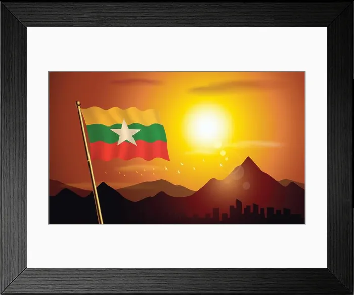 Framed Print : Myanmar flag with sunset background of mountains and lakes Framed Print : Myanmar flag with sunset background of mountains and lakes