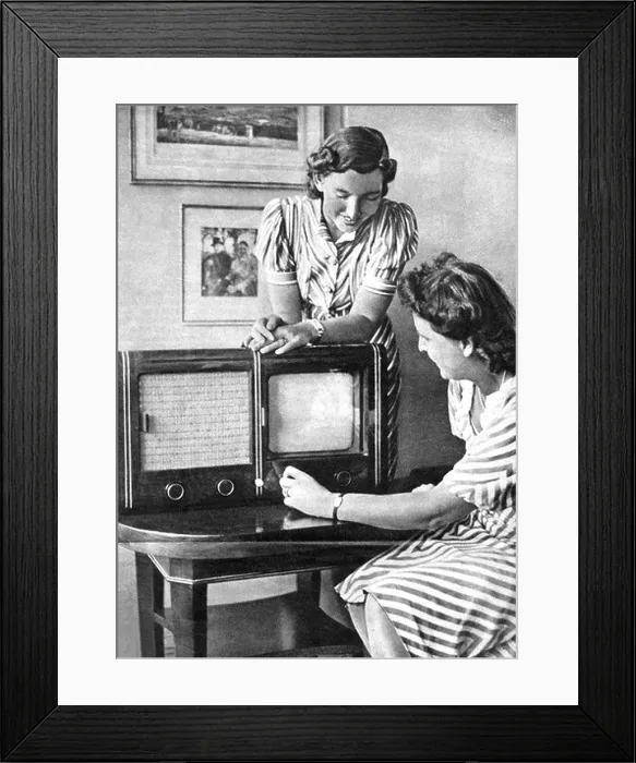 Framed Print : broadcast, television, women with television set
