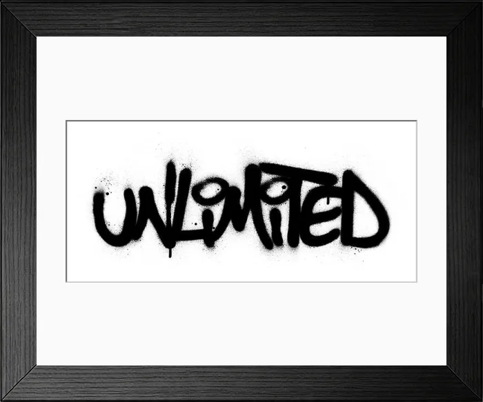 Framed Print : graffti unlimited word sprayed in black over white Framed Print : graffti unlimited word sprayed in black over white