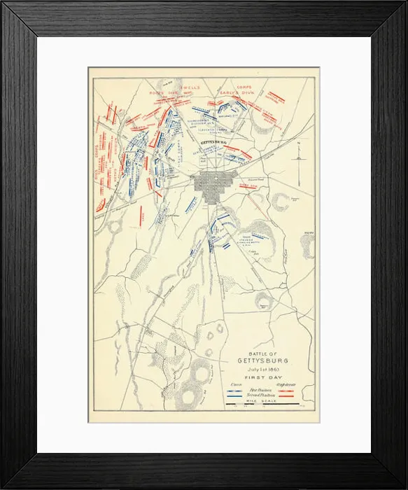 Framed Print : Map of Battle of Gettysburg, First Day, July 1, 1863 Framed Print : Map of Battle of Gettysburg, First Day, July 1, 1863