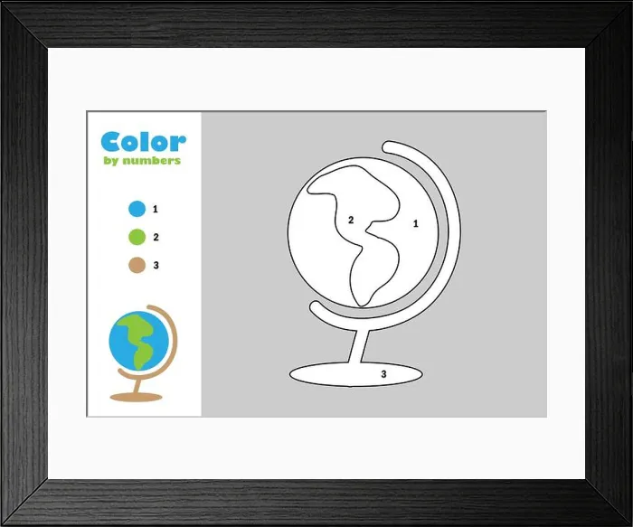 Framed Print : Globe in cartoon style, color by number Framed Print : Globe in cartoon style, color by number