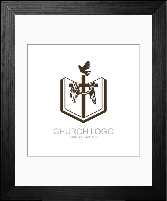 Framed Print : Church logo. Christian symbols. Bible, Holy Scripture, the cross of Jesus Christ and the Holy Spirit as a dove Framed Print : Church logo. Christian symbols. Bible, Holy Scripture, the cross of Jesus Christ and the Holy Spirit as a dove