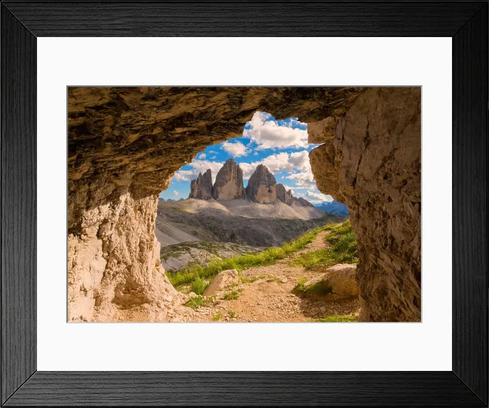 Framed Print : Three peaks of Lavaredo views from a cave, Bolzano Province, Trentino Alto Adige, Italy Framed Print : Three peaks of Lavaredo views from a cave, Bolzano Province, Trentino Alto Adige, Italy