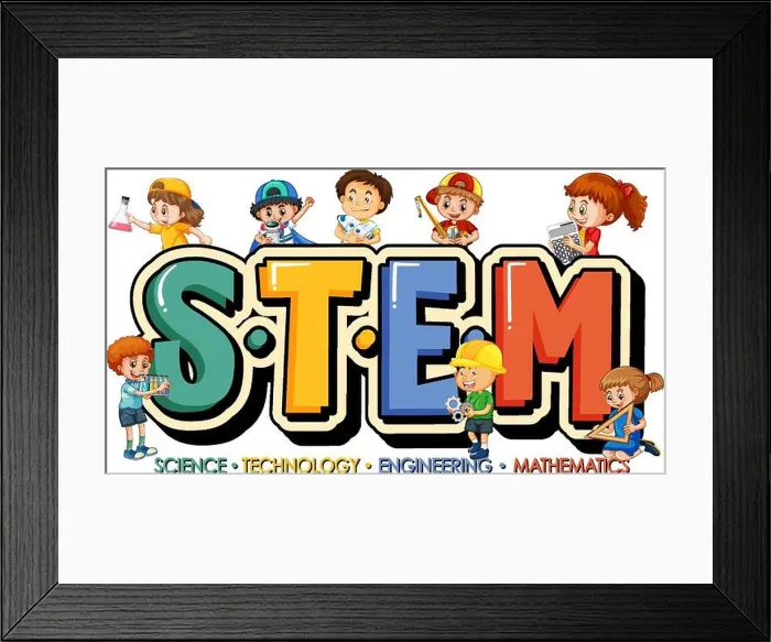 Framed Print : STEM education logo with many children cartoon character illustration