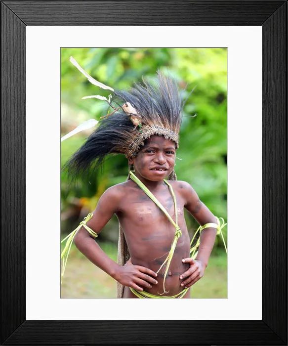 Framed Print : young tribal boy with head dress of feathers, Papua New Guinea Framed Print : young tribal boy with head dress of feathers, Papua New Guinea