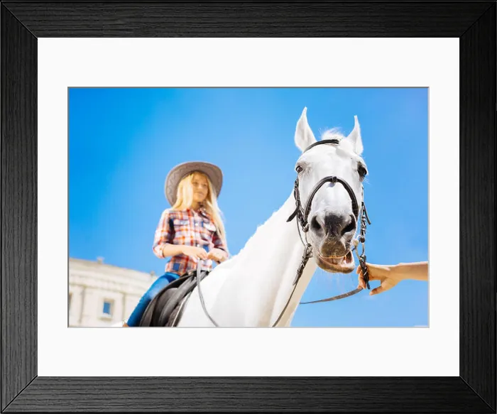 Framed Print : Blonde-haired teenage girl enjoying her horse riding lesson Framed Print : Blonde-haired teenage girl enjoying her horse riding lesson