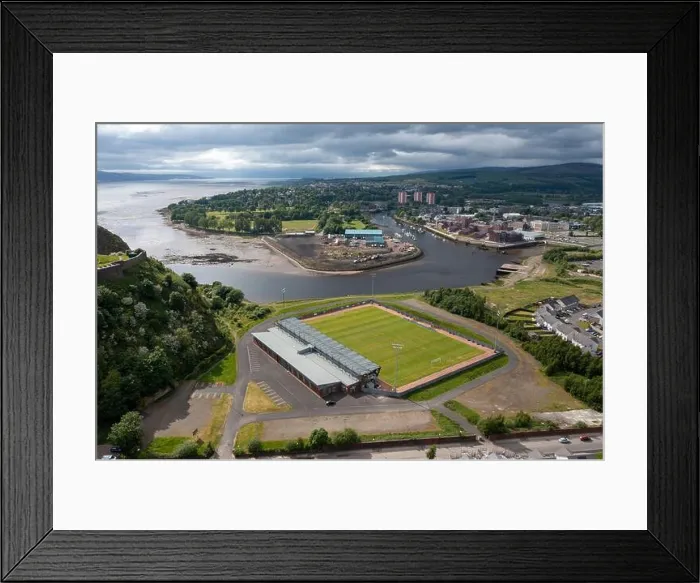 Framed Print : Aerial view of the C&G Systems Stadium, home of Dumbarton Football club with Dumbarton Rock overlooking the stadium Framed Print : Aerial view of the C&G Systems Stadium, home of Dumbarton Football club with Dumbarton Rock overlooking the stadium
