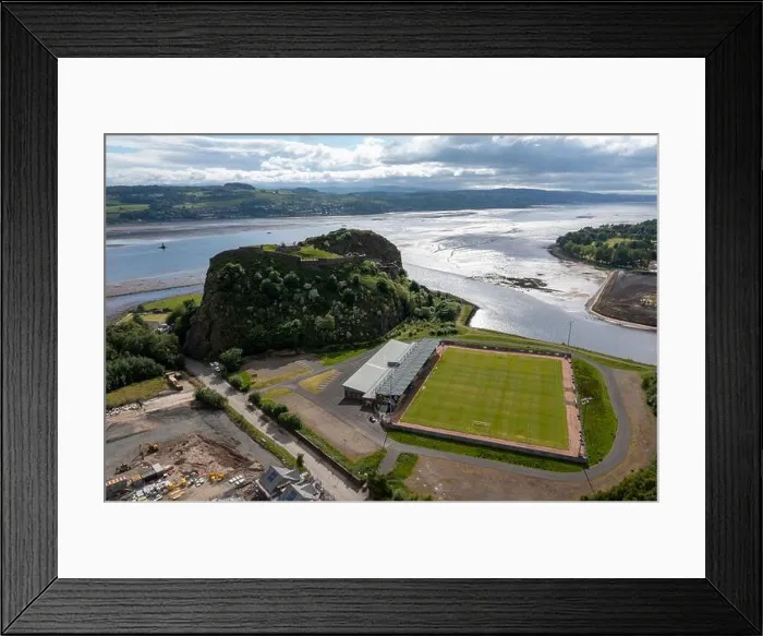Framed Print : Aerial view of the C&G Systems Stadium, home of Dumbarton Football club with Dumbarton Rock overlooking the stadium Framed Print : Aerial view of the C&G Systems Stadium, home of Dumbarton Football club with Dumbarton Rock overlooking the stadium
