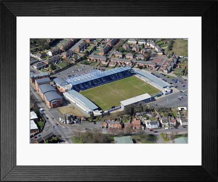 Framed Print : Aerial view of Telford United AFC stadium in Telford Shropshire England Uk Framed Print : Aerial view of Telford United AFC stadium in Telford Shropshire England Uk