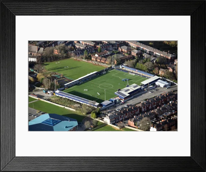Framed Print : aerial view of Hyde United Football Club, Ewen Fields Stadium, Cheshire, UK Framed Print : aerial view of Hyde United Football Club, Ewen Fields Stadium, Cheshire, UK