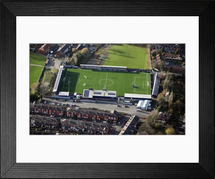 Framed Print : aerial view of Hyde United Football Club, Ewen Fields Stadium, Cheshire, UK Framed Print : aerial view of Hyde United Football Club, Ewen Fields Stadium, Cheshire, UK