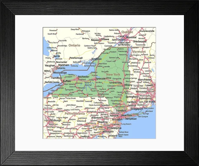 Framed Print : Map of New York. Shows country borders, urban areas, place names, roads and highways. Projection: Mercator Framed Print : Map of New York. Shows country borders, urban areas, place names, roads and highways. Projection: Mercator