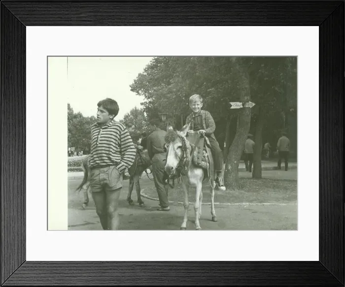 Framed Print : USSR - CIRCA 1970s: Retro photo shows boy rides on donkey in the park. Vintage black & white photography Framed Print : USSR - CIRCA 1970s: Retro photo shows boy rides on donkey in the park. Vintage black & white photography