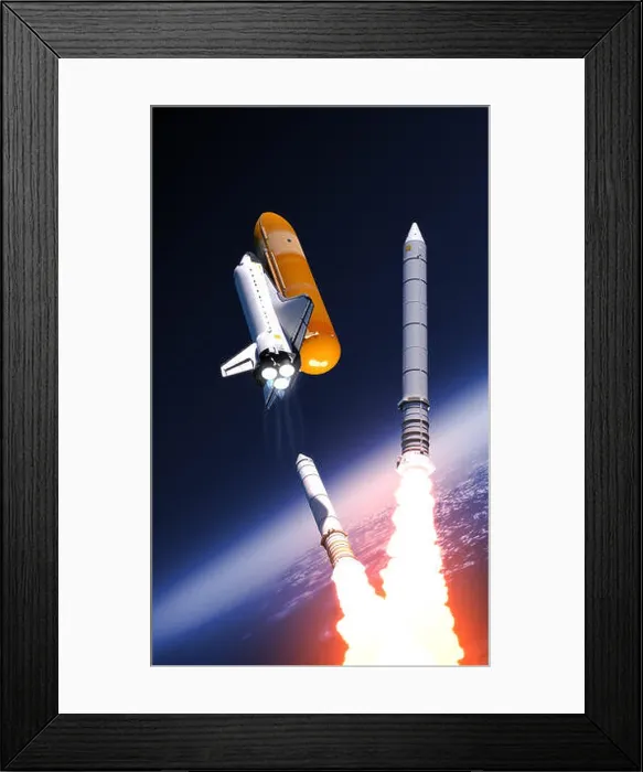 Framed Print : Space Shuttle Solid Rocket Boosters Separation Over Clouds. 3D Illustration Framed Print : Space Shuttle Solid Rocket Boosters Separation Over Clouds. 3D Illustration
