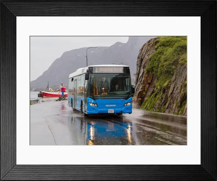 Framed Print : Illoqarfiup bus at Sisimiut, Greenland on a wet rainy day in July Framed Print : Illoqarfiup bus at Sisimiut, Greenland on a wet rainy day in July