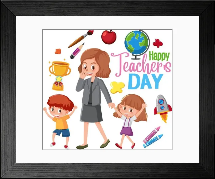 Framed Print : Happy Teacher's Day logo with teacher and students illustration Framed Print : Happy Teacher's Day logo with teacher and students illustration