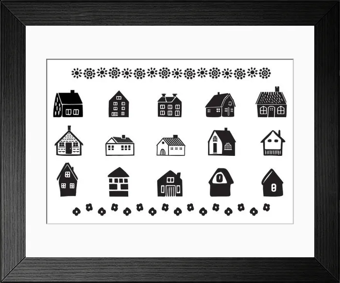 Framed Print : Collection of cottage house motifs in block print style. Set of homstead farm icons Framed Print : Collection of cottage house motifs in block print style. Set of homstead farm icons