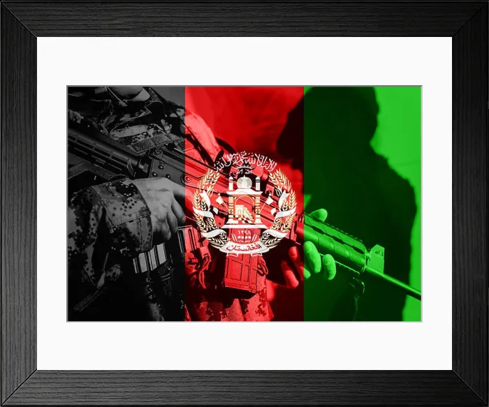 Framed Print : Soldier with machine gun with national flag of Afghanistan Framed Print : Soldier with machine gun with national flag of Afghanistan