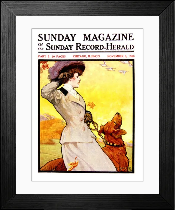 Framed Print : 1900s STYLISH VICTORIAN WOMAN AUTUMN CLOTHES WALKING DOG COVER OF SUNDAY MAGAZINE NOVEMBER 8 1908 Framed Print : 1900s STYLISH VICTORIAN WOMAN AUTUMN CLOTHES WALKING DOG COVER OF SUNDAY MAGAZINE NOVEMBER 8 1908