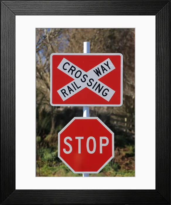Framed Print : Stop sign at railway crossing