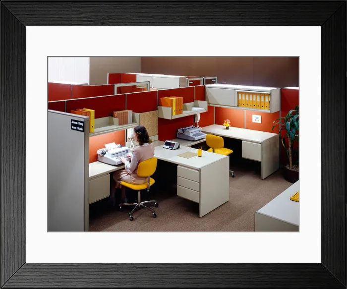 Framed Print : 1980s open space office with woman typing Framed Print : 1980s open space office with woman typing