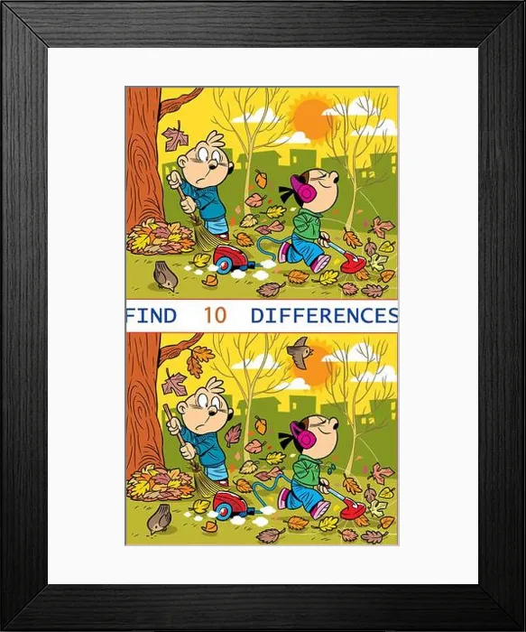 Framed Print : Illustration with a puzzle where you need to find ten differences in the pictures with children removing fallen leaves Framed Print : Illustration with a puzzle where you need to find ten differences in the pictures with children removing fallen leaves
