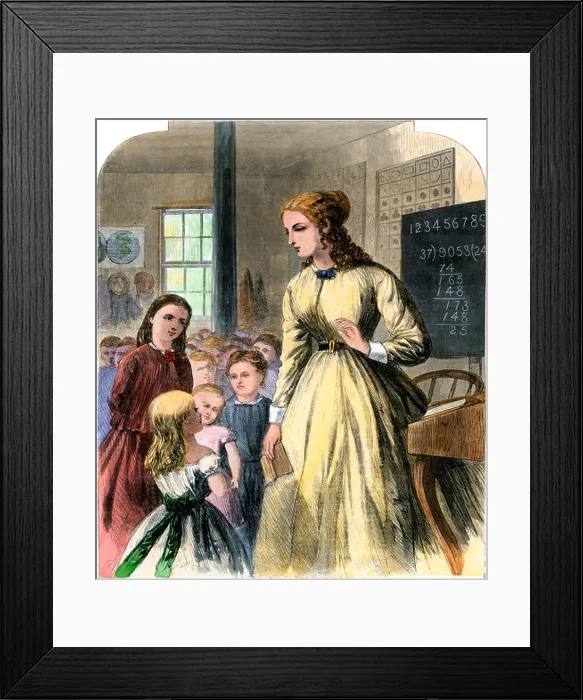 Framed Print : District teacher in a one-room school, mid-1800s. Hand-colored woodcut Framed Print : District teacher in a one-room school, mid-1800s. Hand-colored woodcut