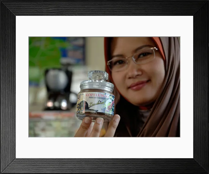 Framed Print : Owner Luwakmas coffee industry Hj Yekti Murih Wiyati displays a package of Luwak Coffe in Kediri, East Java Framed Print : Owner Luwakmas coffee industry Hj Yekti Murih Wiyati displays a package of Luwak Coffe in Kediri, East Java