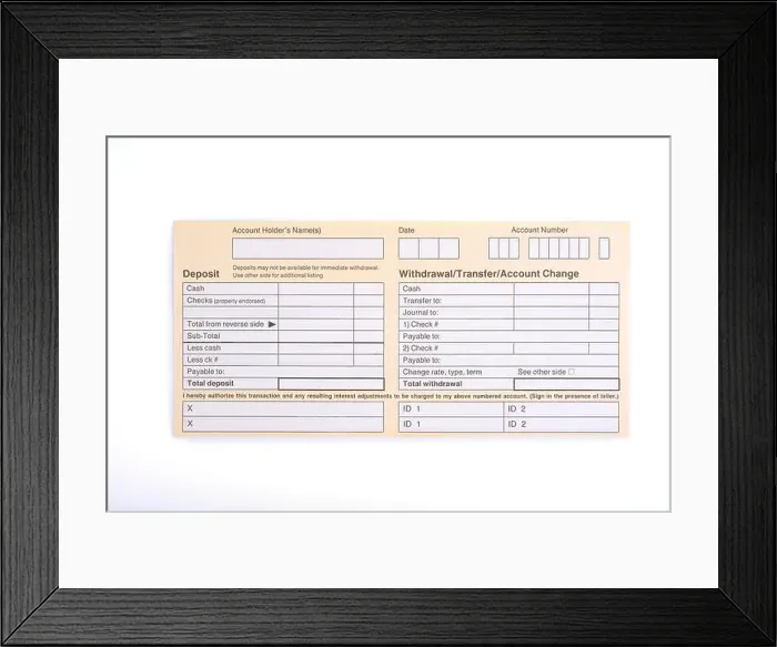 Framed Print : Blank deposit and withdrawal slip on a white background Framed Print : Blank deposit and withdrawal slip on a white background