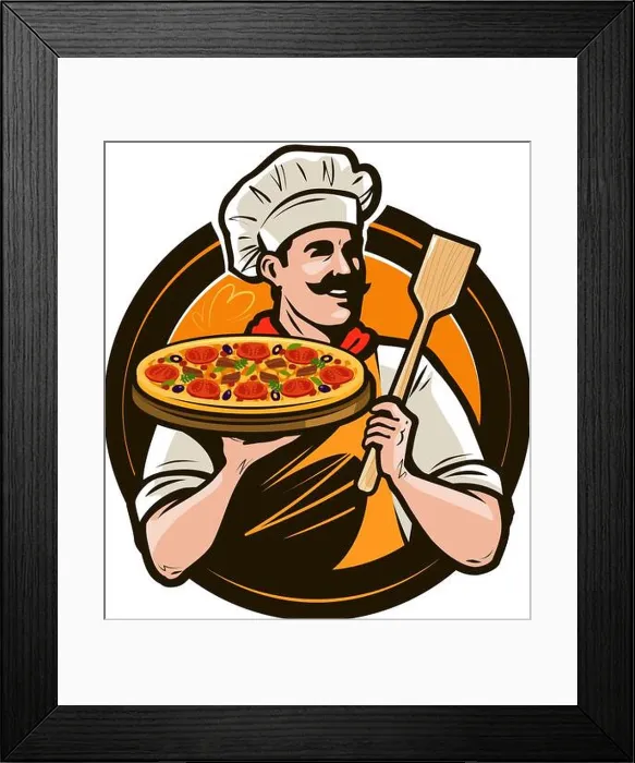 Framed Print : Pizzeria, fast food logo or label. Happy chef holding pizza and scapula in hands. Vector illustration Framed Print : Pizzeria, fast food logo or label. Happy chef holding pizza and scapula in hands. Vector illustration