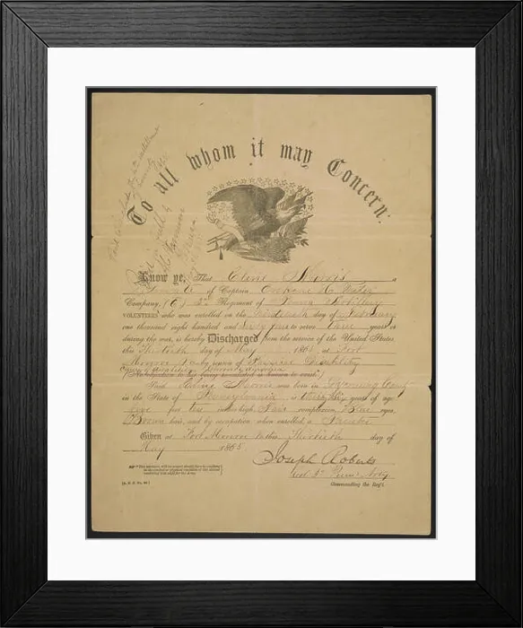Framed Print : U.S. Government Certificate to Discharge Private Cline Morris from Co Framed Print : U.S. Government Certificate to Discharge Private Cline Morris from Co