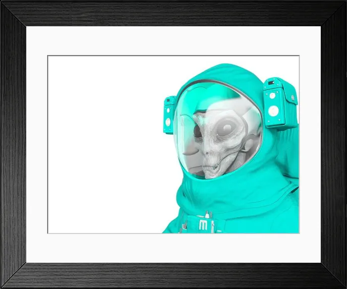 Framed Print : alien astronaut side view close up with copy space, 3d illustration Framed Print : alien astronaut side view close up with copy space, 3d illustration