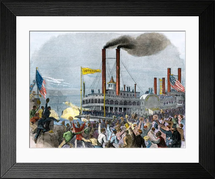 Framed Print : Steamboat 'Imperial' arriving in New Orleans from St Louis after the fall of Vicksburg, 1863. Hand-colored woodcut Framed Print : Steamboat 'Imperial' arriving in New Orleans from St Louis after the fall of Vicksburg, 1863. Hand-colored woodcut
