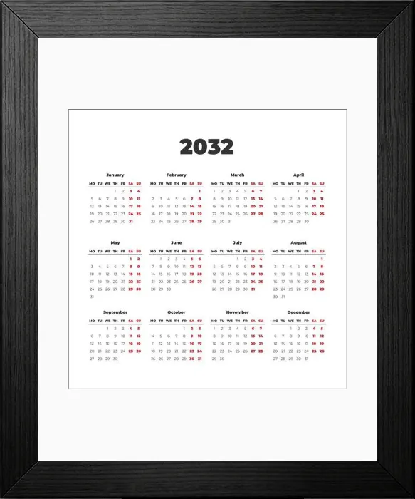 Framed Print : Simple vector calendar on 2032. Start from Monday Framed Print : Simple vector calendar on 2032. Start from Monday