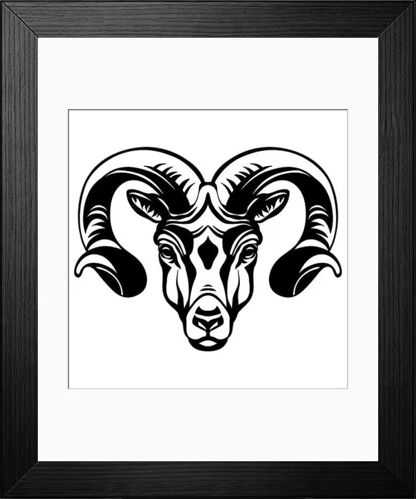 Framed Print : Mascot. Head of ram. Vector illustration black color front view of wild animal isolated on white background