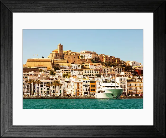 Framed Print : Ibiza Old Town from harbour yacht in port harbor Spain Spanish island huge boats rich moored Framed Print : Ibiza Old Town from harbour yacht in port harbor Spain Spanish island huge boats rich moored