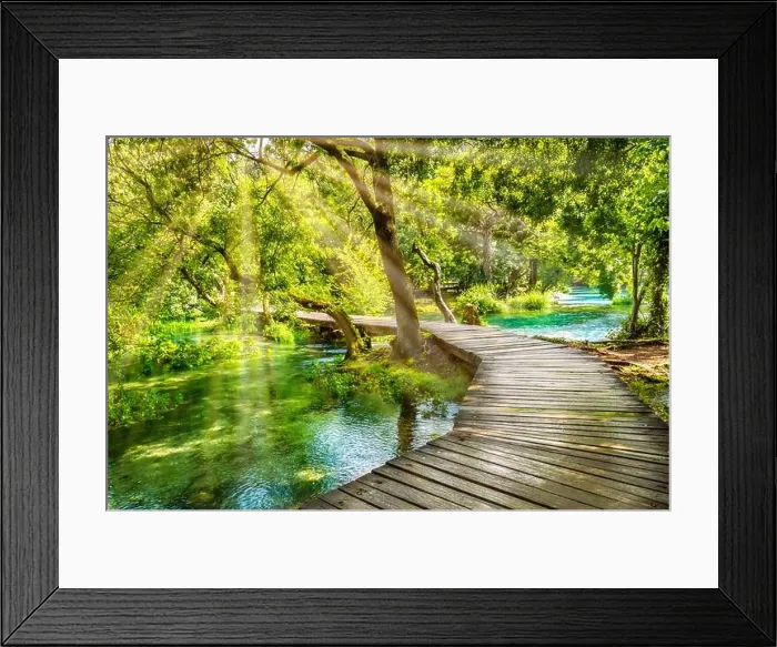 Framed Print : Wooden boardwalk in the green forest of Krka National Park Framed Print : Wooden boardwalk in the green forest of Krka National Park
