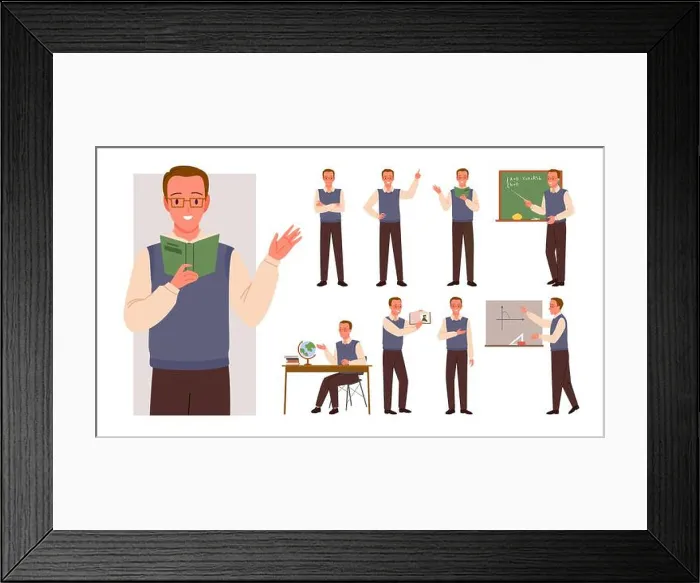 Framed Print : Set of young male teacher man character in teaching poses Framed Print : Set of young male teacher man character in teaching poses