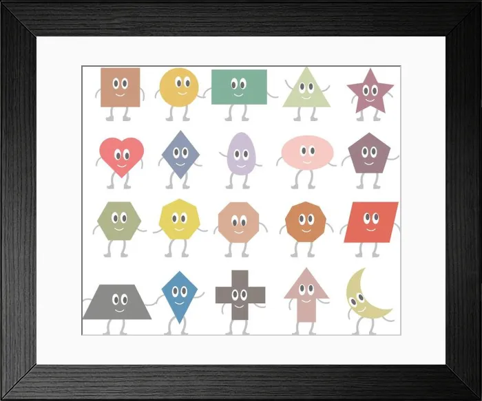 Framed Print : Cartoon geometric shapes collection for kids to learn basic math education with smiley face character illustration for Framed Print : Cartoon geometric shapes collection for kids to learn basic math education with smiley face character illustration for