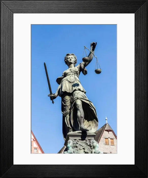 Framed Print : Justitia (Lady Justice) sculpture on the Roemerberg square in Frankfurt, built 1887 Framed Print : Justitia (Lady Justice) sculpture on the Roemerberg square in Frankfurt, built 1887