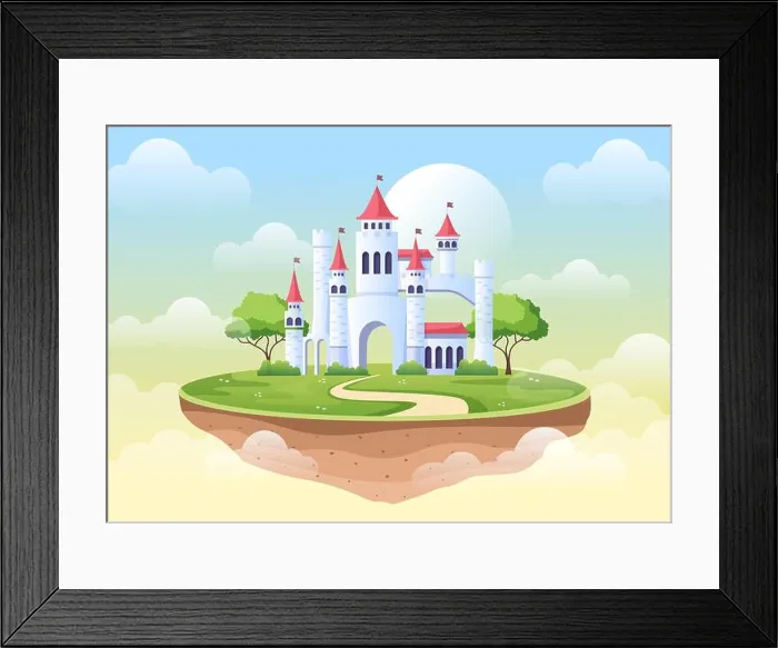 Framed Print : Castle with Prince and Queen Cartoon Illustration Framed Print : Castle with Prince and Queen Cartoon Illustration