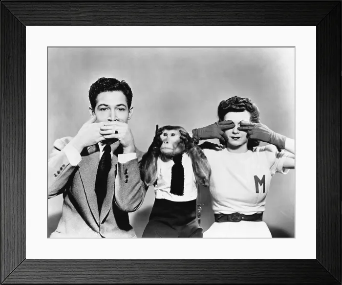 Framed Print : Man, woman and a monkey depicting See No Evil, Speak No Evil, Hear No Evil Framed Print : Man, woman and a monkey depicting See No Evil, Speak No Evil, Hear No Evil