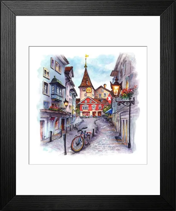 Framed Print : Watercolor sketch of Cozy street in the Old Town of Zurich, the largest city in Switzerland Framed Print : Watercolor sketch of Cozy street in the Old Town of Zurich, the largest city in Switzerland