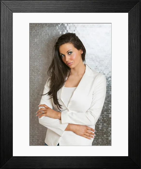 Framed Print : Beautiful gorgeous caucasian brunette young woman in white blazer looking at camera Model Release: Yes Framed Print : Beautiful gorgeous caucasian brunette young woman in white blazer looking at camera Model Release: Yes